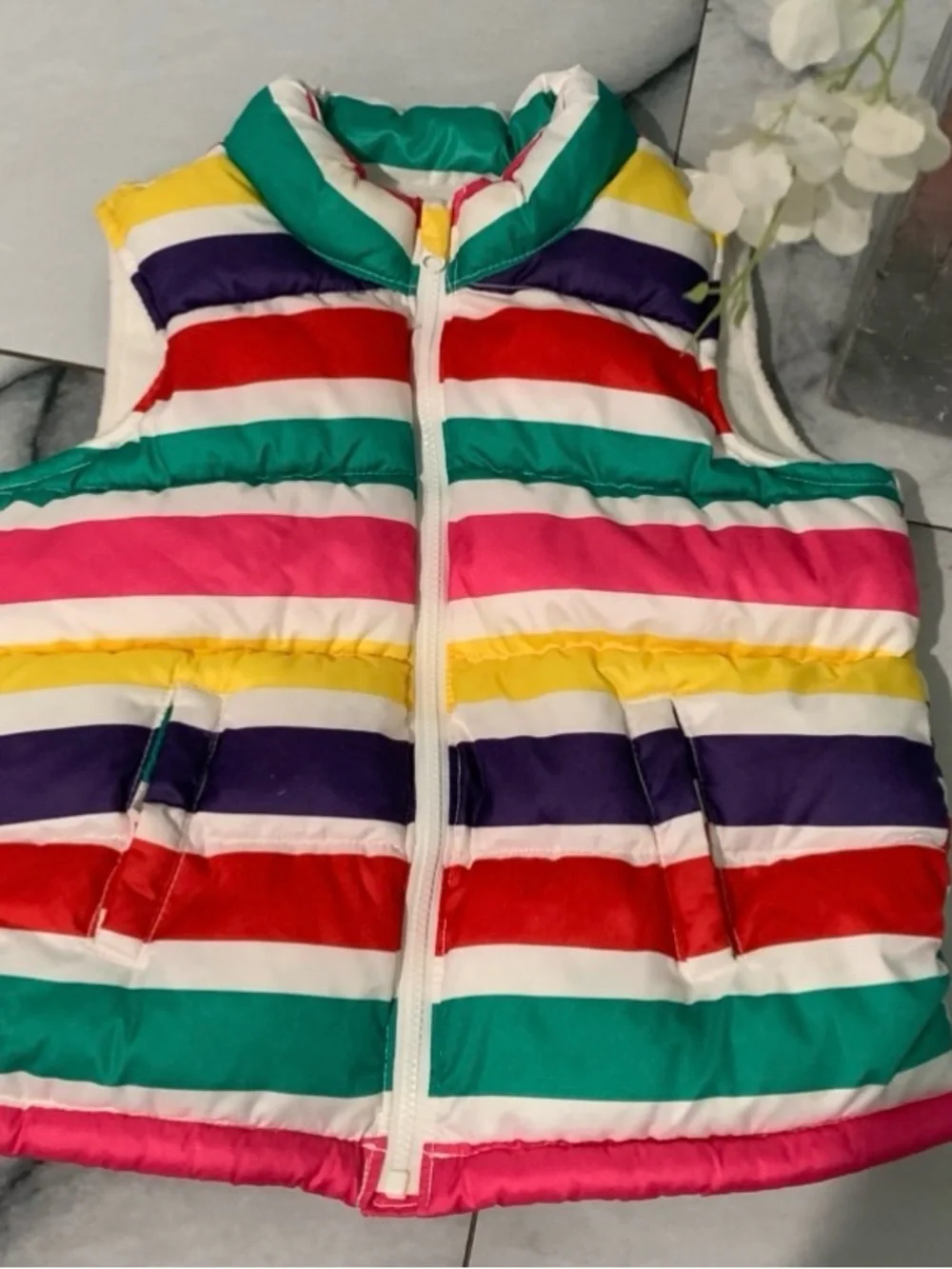 Old Navy Cream Jacket with Green, Yellow & Red Trim
